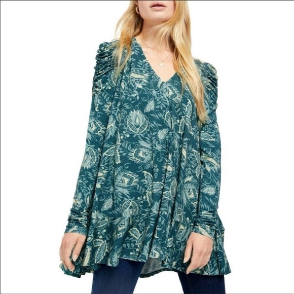 FREE PEOPLE Blue Floral Ruched Long Sleeve Mini Tunic Dress XS - Picture 5 of 14